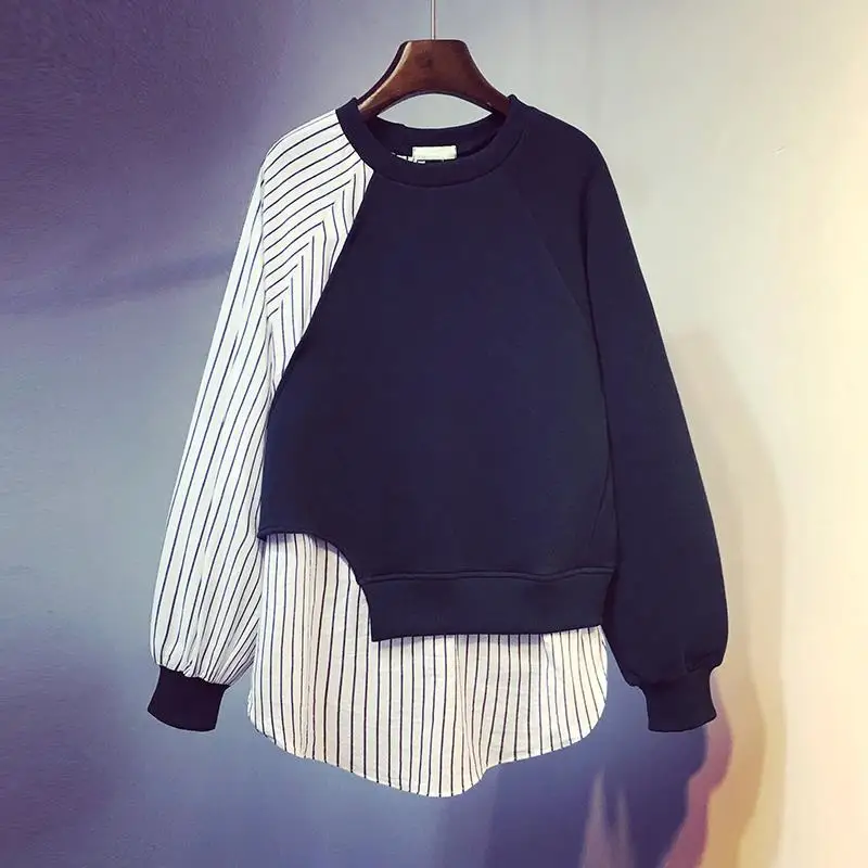 2022 Autumn Winter New Pattern Round Neck Tops Women Fake Two Pieces Striped Patchwork Design Loose Casual Fashion Korean T-Shir