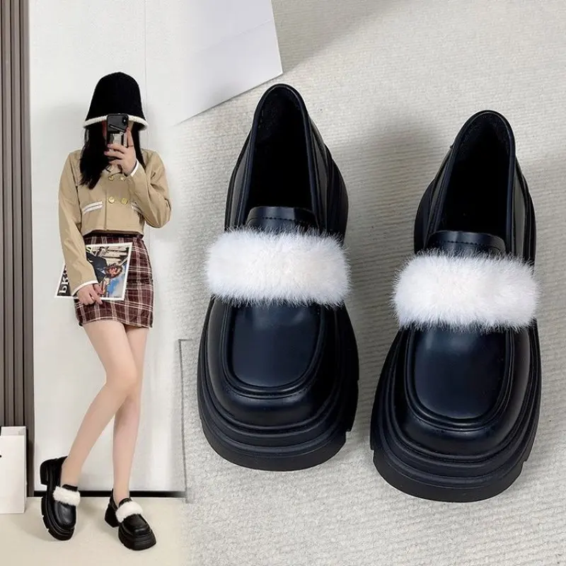 Round Toe Loers Fur Shoes Woman Flats Casual Female Sneakers Slip-on British Style Oxfords Clogs Platform Dress On Heels Slip