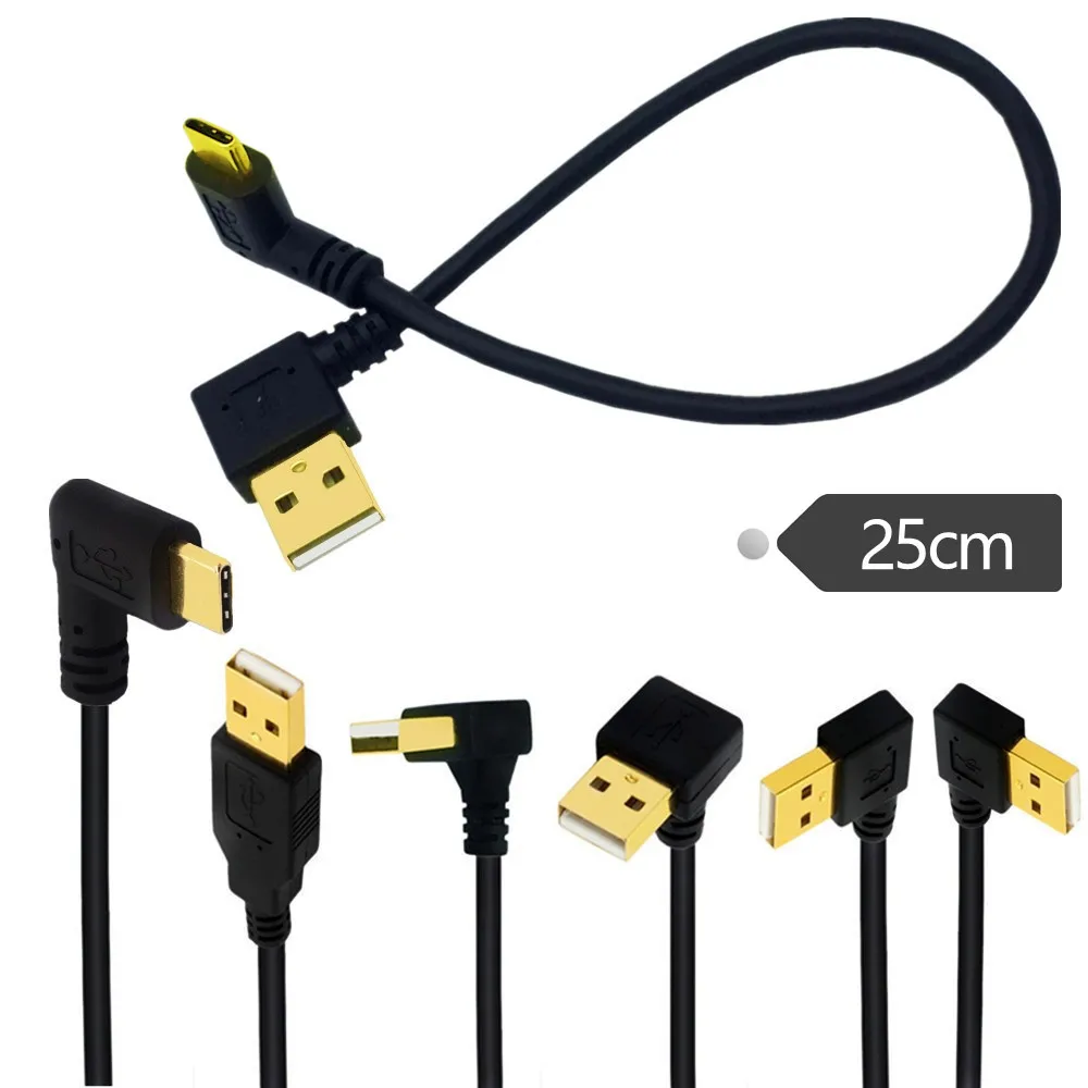 

Gold-Plated 25 cm USB2.0 Type-A Male angle to USB3.1 Type-C Male Left & Right Angle USB Data Sync & Charge Cable