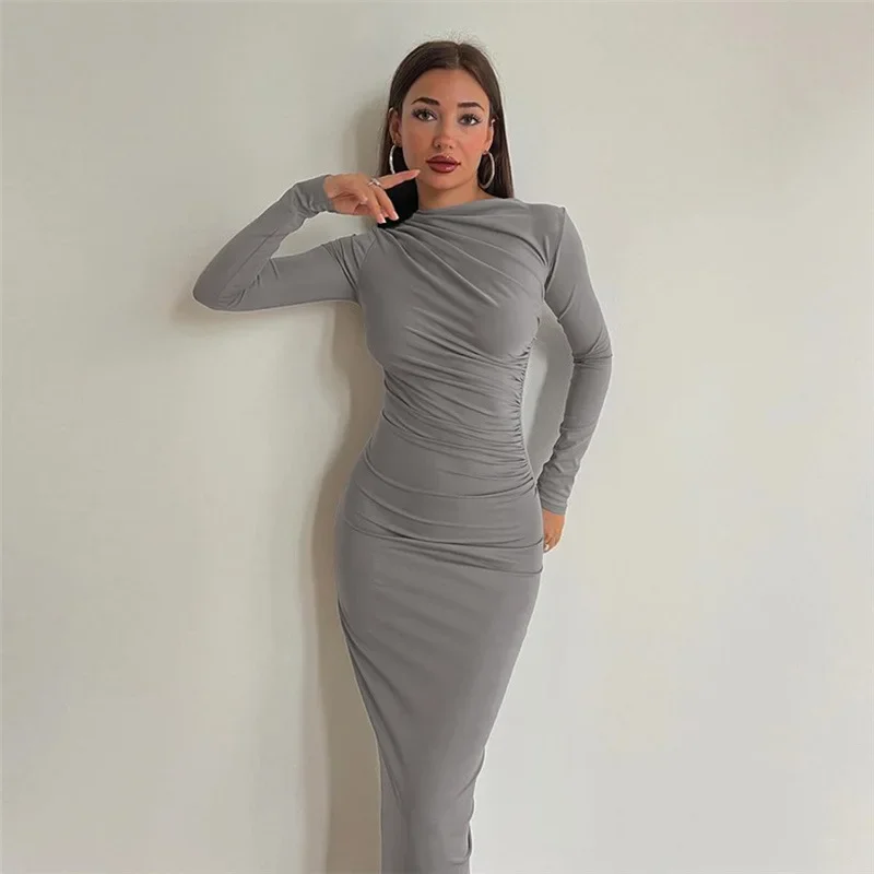 

Fashionable Round Necked Long Sleeved Slim Fit Wrap Buttocks Solid Color Temperament Dress 2024 High Waisted Long Skirt