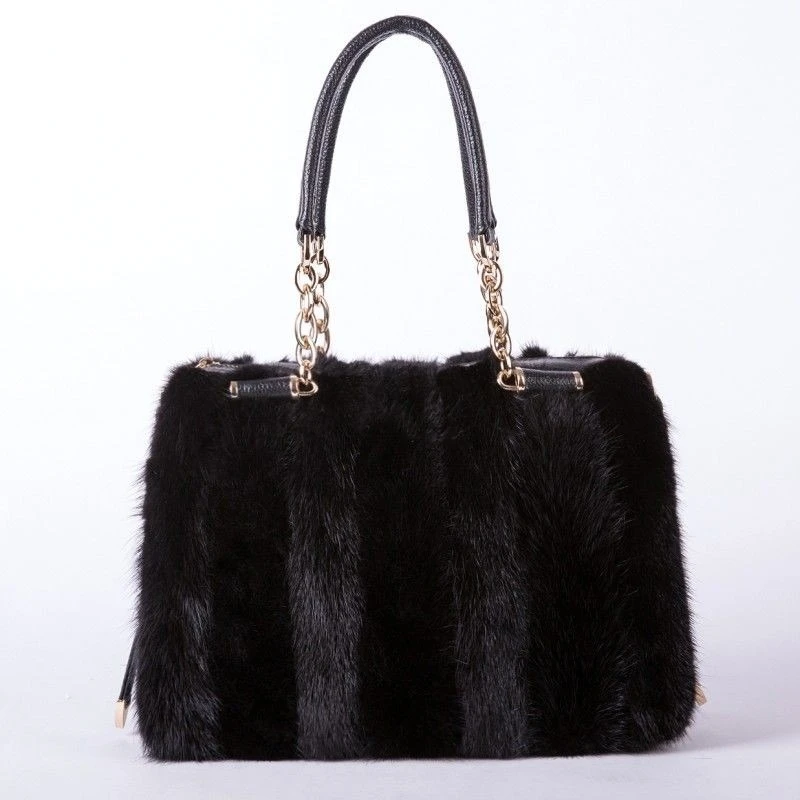Women's Real Fur Luxury Shoulder Bag High Quality Natural Mink Fur Handbag Large Capacity New Cross Body Leather Bag