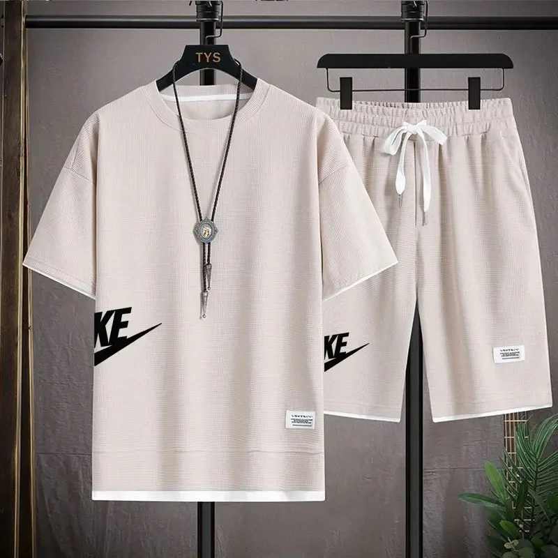 Summer Suit For Men Waffle Fabric Fashion Casual Clothing T-Shirt + Shorts Two Piece Set Male Sports Suit Short Sleeve Tracksuit