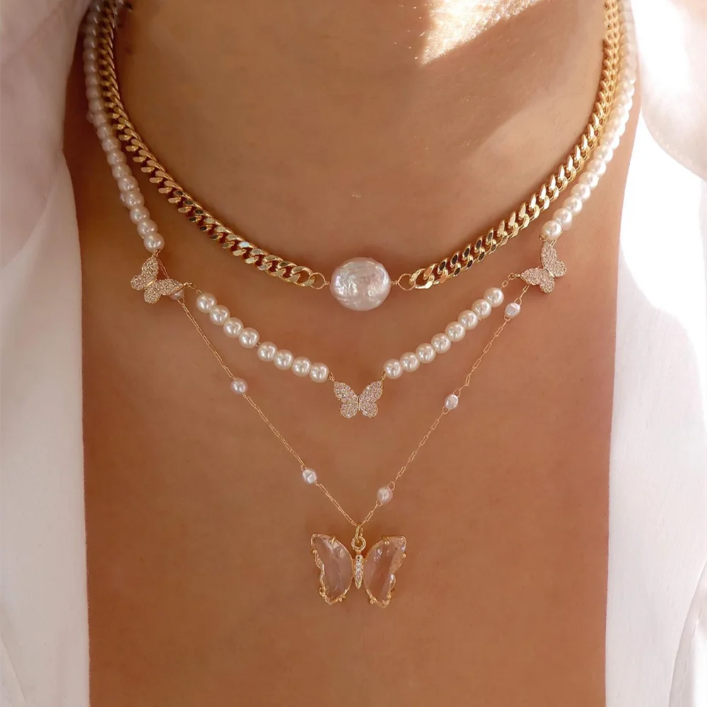 Collana Girocollo Donna Stratificata Con Mini Farfalla E Cristallo – Gioiello Scintillante In Lega – Ideale Come Regalo Per Ragazze