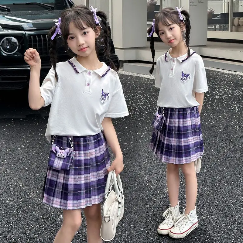 

Summer Kuromi Pleated Skirt Set Kawaii Sanrio Anime Clothing Children Cute Cartoon Y2K Fashion Two-Piece Set Gifts for Girls