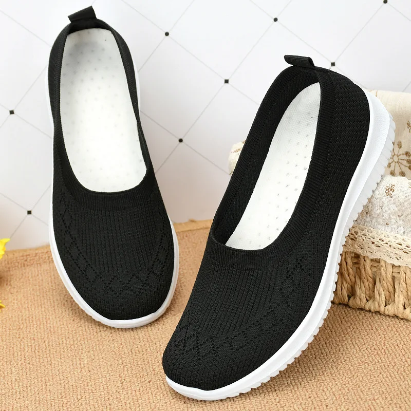 Women Flat Shoes Mesh Breathable Knitted Sneakers Female Casual Chaussure Ladies Spring Summer Footwear Non Slip Mom Flat Shoes