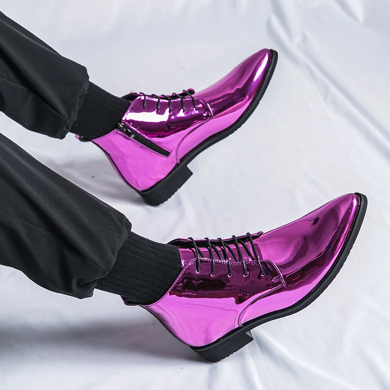 Luxury Chelsea Boots Men's Shiny Leather Shoes Pointed High Top Shoes Men's Banquet Dress Shoes High-end Purple Red Short Boots
