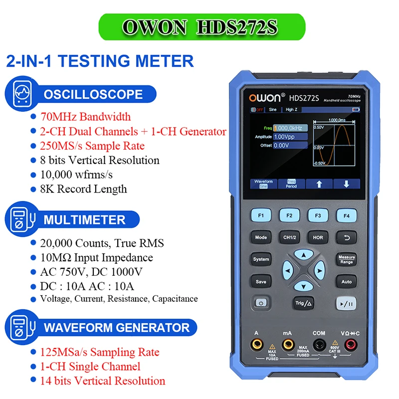 OWON HDS272S 3-in-1 오실로스코프 멀티미터 파형 발생기 2CH 70MHz 대역폭 20000 카운트 휴대용 디지털 멀티미터