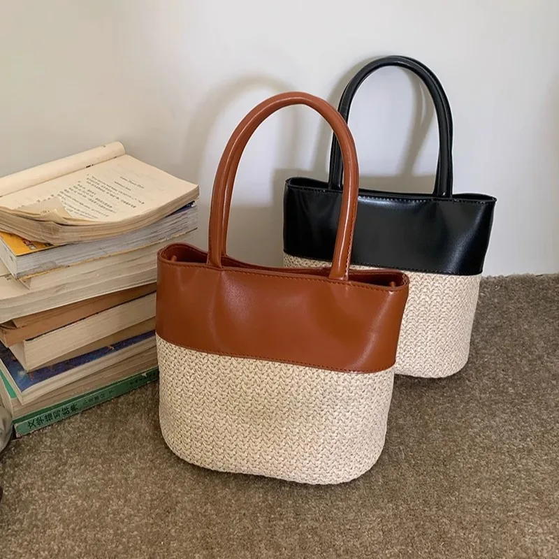 Fashion Straw Woven Patchwork Pu Leather Shoulder Bags Large Capacity Handbags Women's Crossbody Bags Casual Holiday Beach Bags