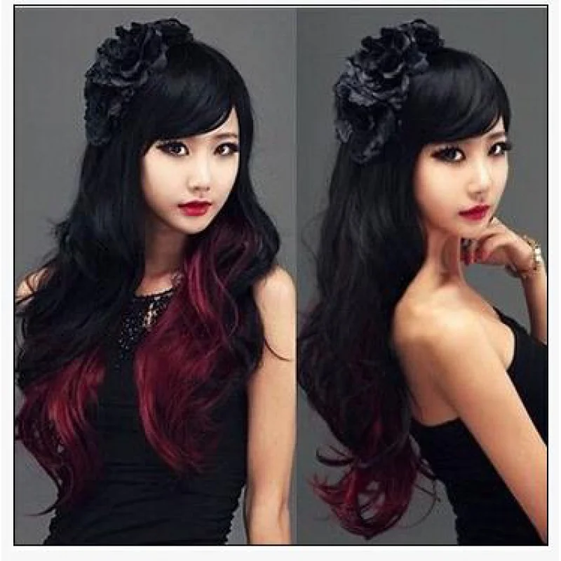 

Bla Gradual Wine Red Long Curly Hair Ladies Fluffy Long Hair Girls Lifelike Fashion Wig Set Factory Direct Sales