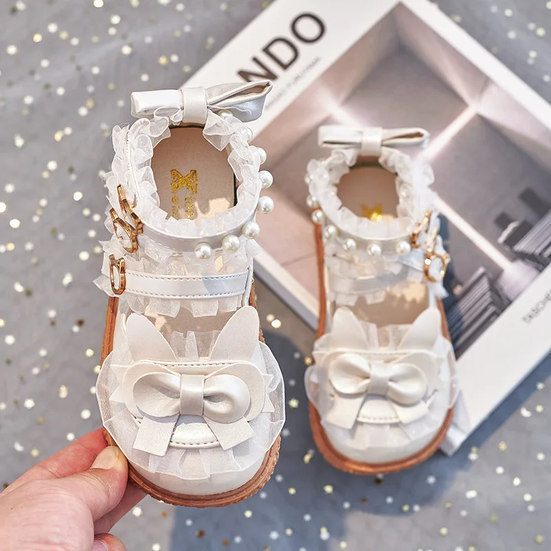 Girls Lolita Leather Shoes Spring Pearl Lace Children Soft Soled Single Shoes Kids Bowknot Princess Chaussure Enfant Fille