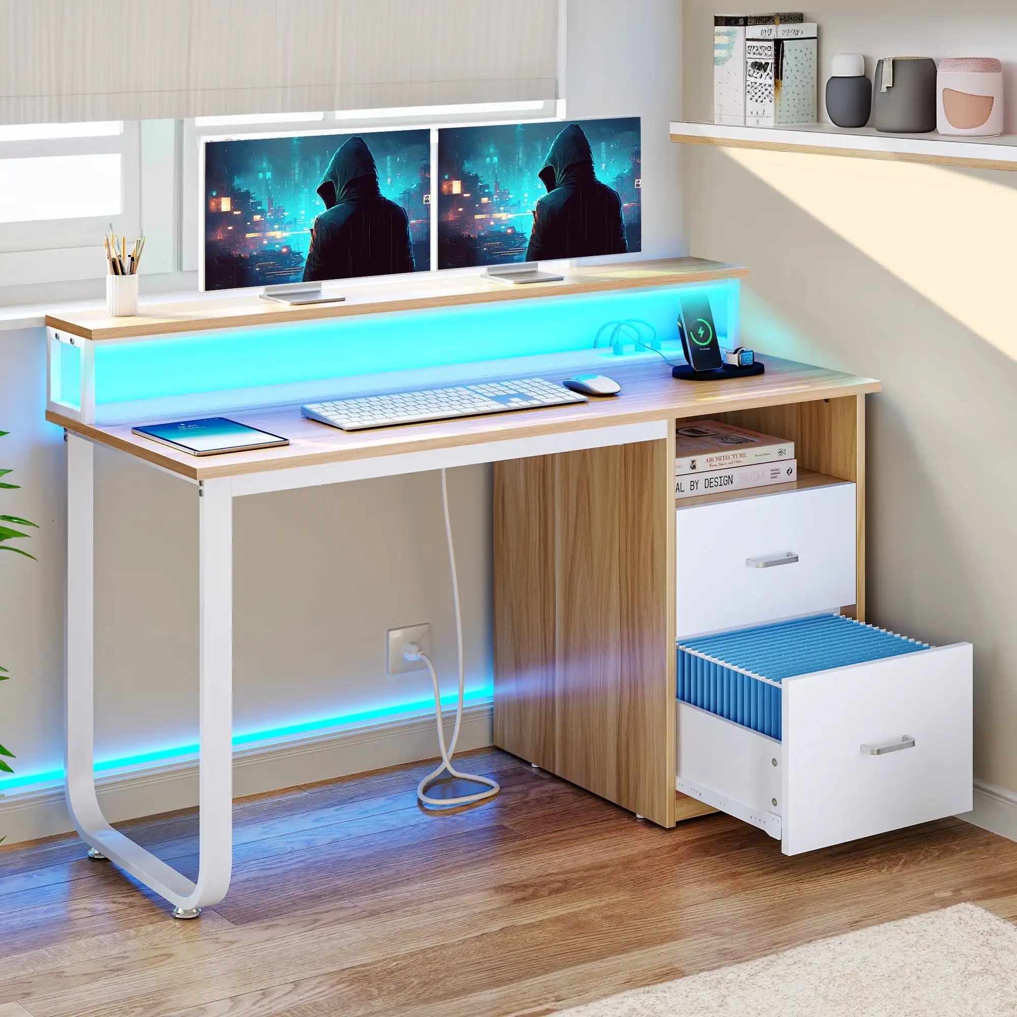 

47 inch Computer Desk with Storage Drawers & LED Light, Office Desk with Monitor Stand & Power Outlets, Work Study PC Desk, Oak