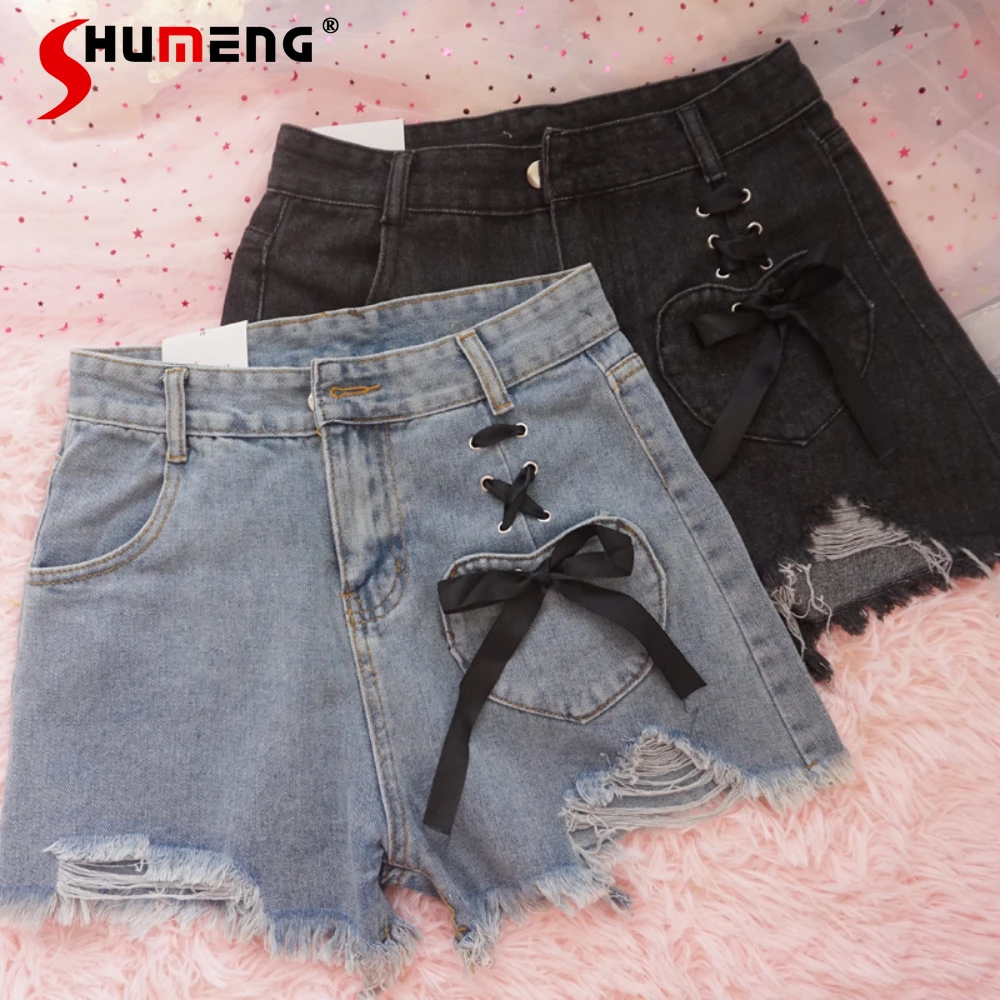 Sweet Girl Bow Bandage Ripped Jean Shorts for Women Student 2024 Summer New Loose High Waist Wide-Leg A- Line Black Denim Shorts