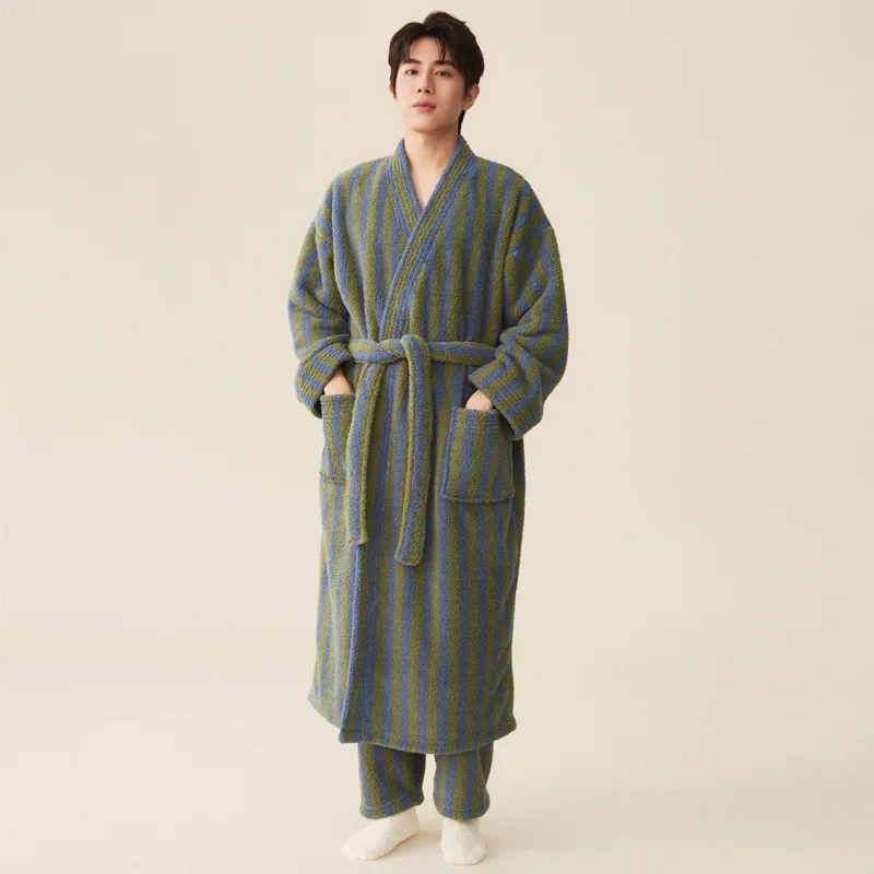 Thickened Flannel Robe Pants Pajamas Set Autumn Winter New Couple Coral Velvet Women Men Bathrobe Striped Lengthed Home Clothes women sleepwear sleepwear pajamas