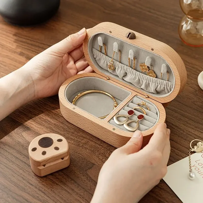 Solid Wood Fortune Cat Jewelry Box,Retro Portable Earrings Rings Premium Jewelry Box Holder Storage,Gift for Couple Friend Girl 4