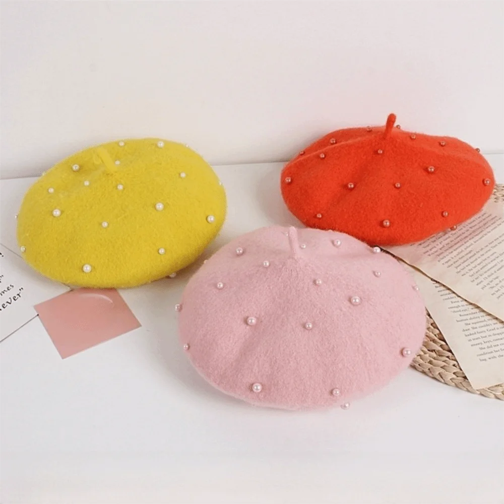 Fashion Pearl Children's Beret Solid Color Warm Baby Wool Hat Woolen Korean Style Painter Hat Winter