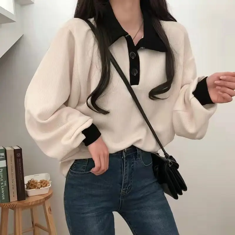 Sudadera con botones y contraste de color para mujer, nueva sudadera clásica con mangas farol y cuello polo, holgada e informal, combina con todo._voghion.com