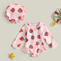 Long Sleeve Cute Toddler Baby Girls Swimwear Beachwear Rash Guard Swimsuit Lovely Strawberry Print Bathing Suit + Sun Hat Set 3