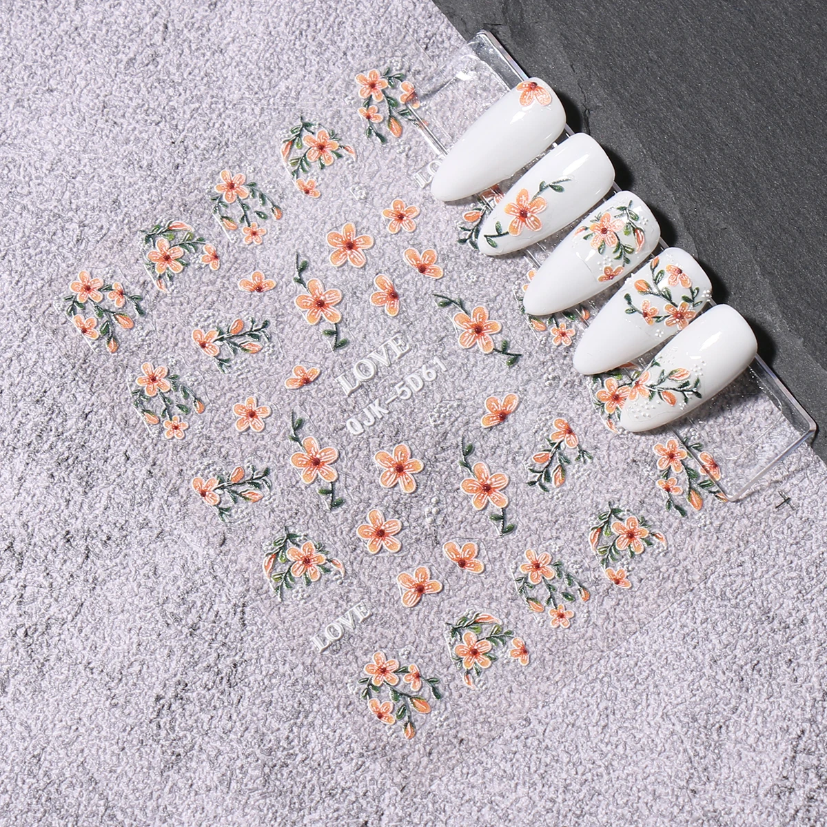 3개입 핑크 퍼플 오렌지 5D 엠보싱 플로럴 네일 스티커 - 봄 신선한 꽃밭 & LOVE 레터 네일 데칼 - 봄 다이용