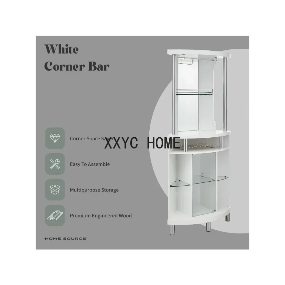 White Corner Bar Cart 72" Built-in Wine Rack, and Lower Glass Cabinet, Living Room, Home Office, Kitchen, Small Space