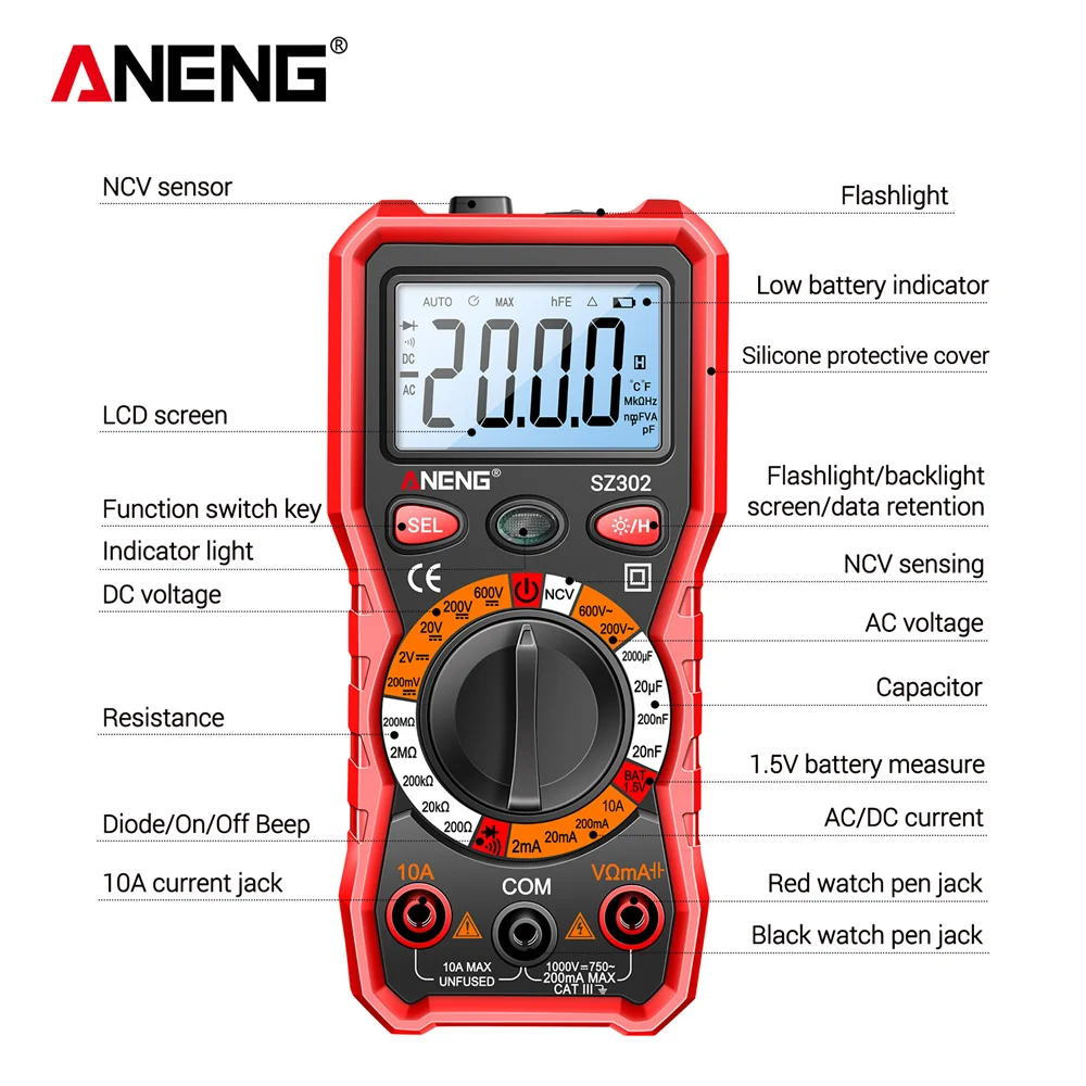 ANENG SZ302 LCD 디지털 멀티미터 AC DC 전류 전압 다이오드 주파수 멀티테스터 자동 발광 디스플레이 테스터 도구