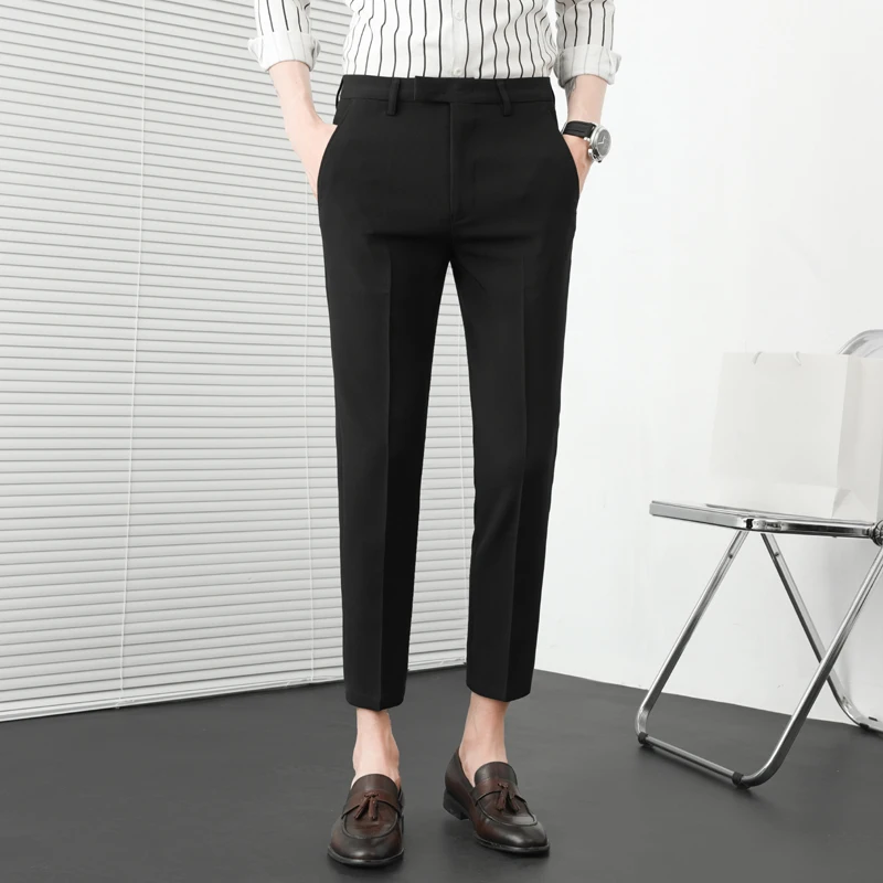 Summer Solid Color Business Casual Pants Men Slim Fit Social Suit Pant Formal Office Ankle Length Trousers Streetwears 36-29 stretch pants business pants suit pants men pants