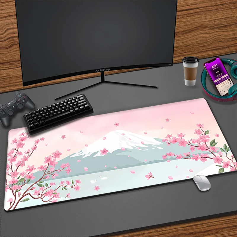 thumbnail image 1 of Alfombrilla de ratón de estilo japonés con diseño de flor de cerezo Fuji, alfombrilla de ratón grande XXL para Gamer XL, 100x50, alfombrillas de escritorio, teclado, alfombrilla de goma para mesa, 1 of 5