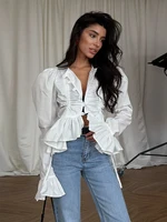Chemisier Élégant Chic pour Femme à Manches Évasées, Boutonnage Simple et Ourlet Volanté, Couleur Unie, Nouvelle Collection Printemps-Été 2026 2