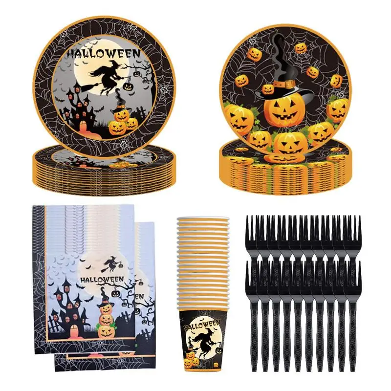 

Halloween Reception Plate Set Pumpkin Witch Paper Plates Cups Napkins Straws Kids Favor Happy Halloween Party Home Accessories