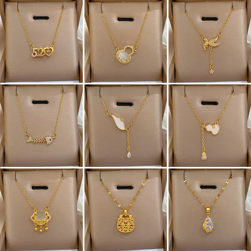 2023KoreanFashionGoldColorStainlessSteelNecklaceforWomenHeart