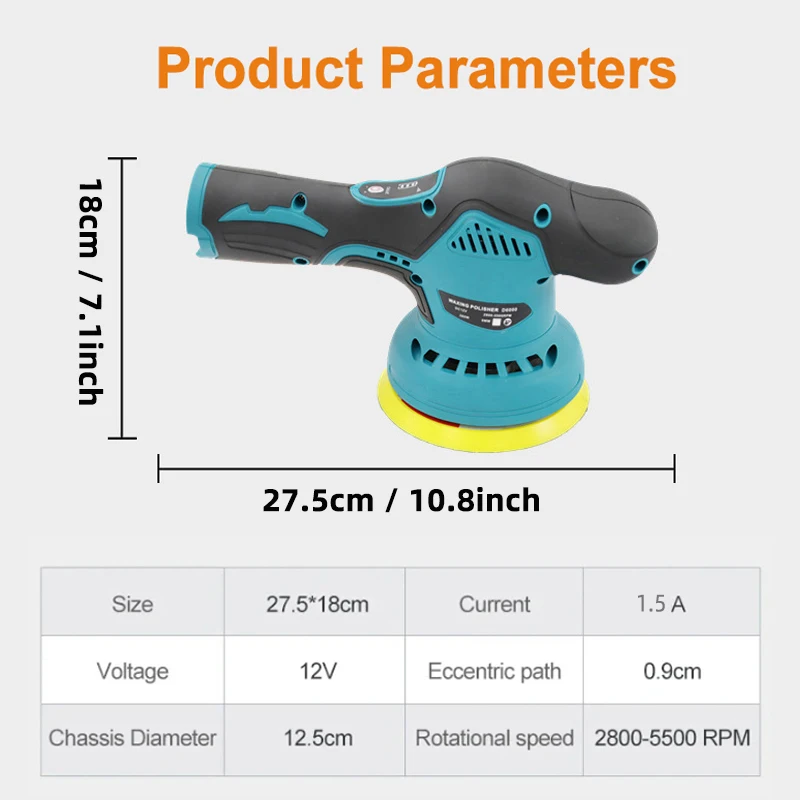 Electric Car Polisher 12V 5inch Wireless Auto Waxing Polishing Machine with Sponge Wool Pads Car Polish Waxing Tool 2800-5500RPM
