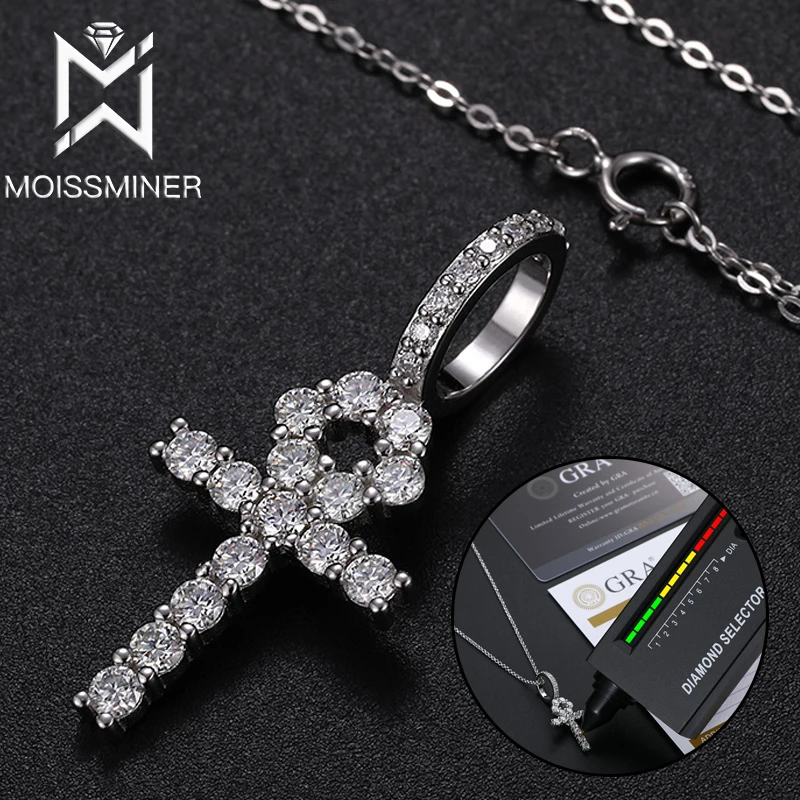 Moissanite Anhk Cross Pendant Necklace For Men S925 Silver Real Diamond Iced Out Necklaces Women Jewelry Pass Tester With GRA