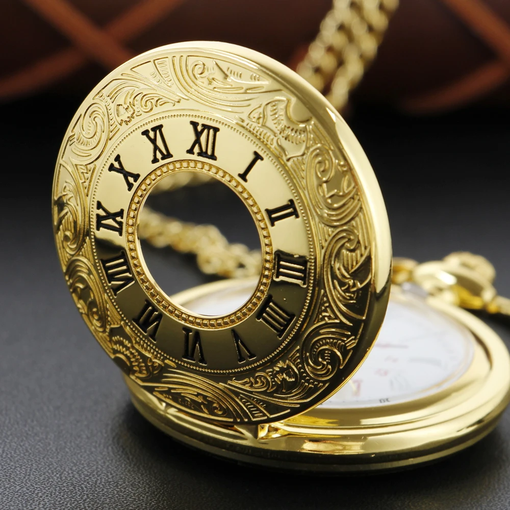 

Golden Roman Digital Fashion Quartz Steampunk Pocket Watch Men's and Women's Necklace Pendant with Chain Christmas Gift Reloj