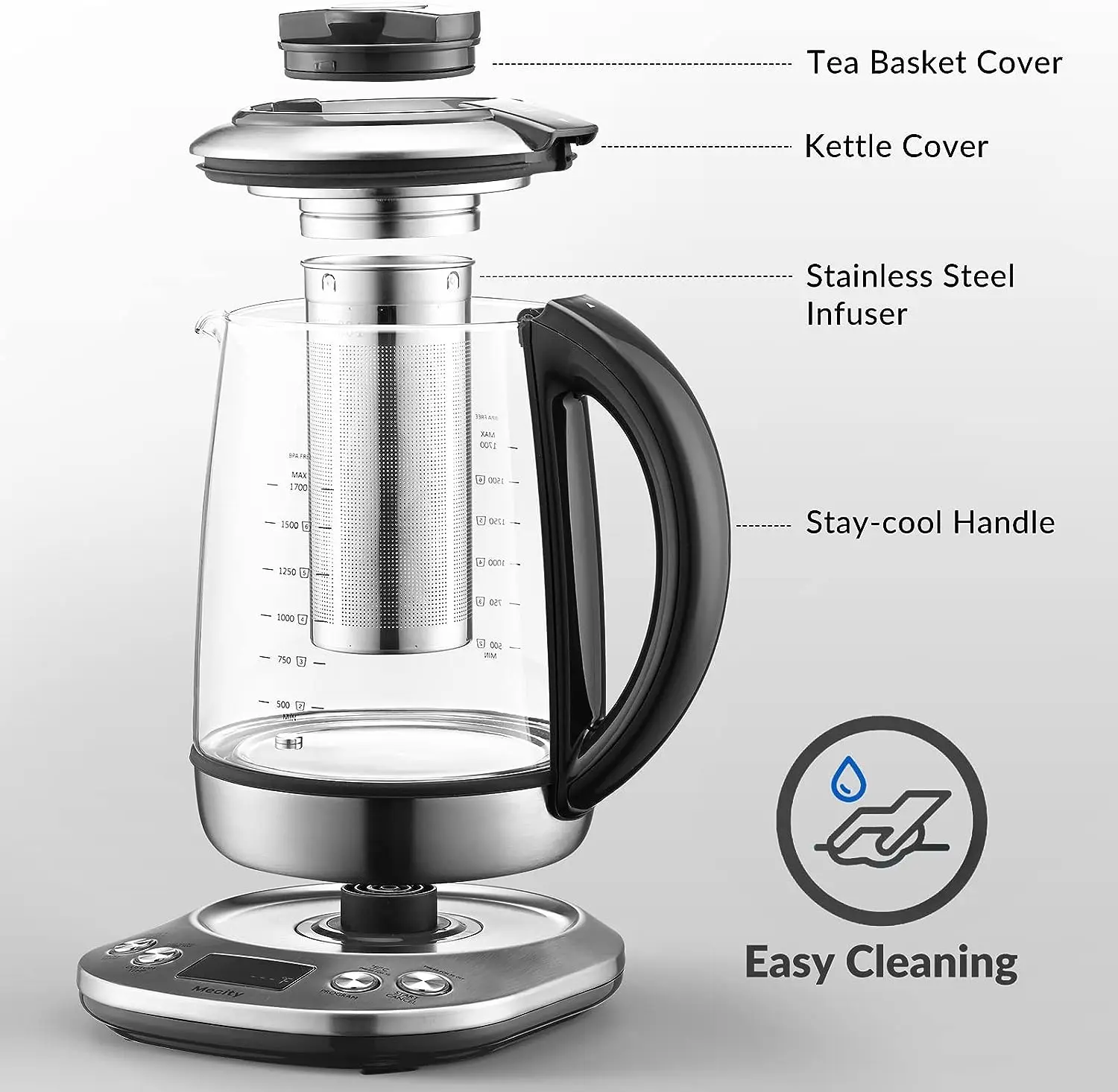 Mecity Tea Kettle Electric Tea Pot with Removable Infuser 9 Preset Brewing  Pr