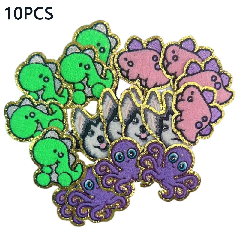 

10PCS Dinosaur Octopus Wolf Towel embroidery Patch Gold Edge Grete Animal Sew Patches For Clothes Bags Hats Iron On Patches DIY