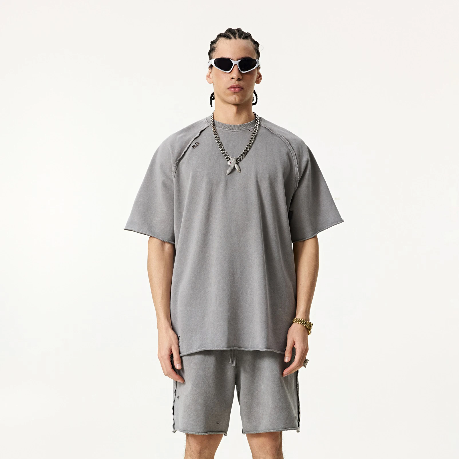 2025, amerikanisch gewaschenes, getragenes Streetwear-Hip-Hop-Wachsdruck-T-Shirt, gebrochene Kanten, übergroßes, kurzärmeliges Herren-T-Shirt, Loch-Baumwolle