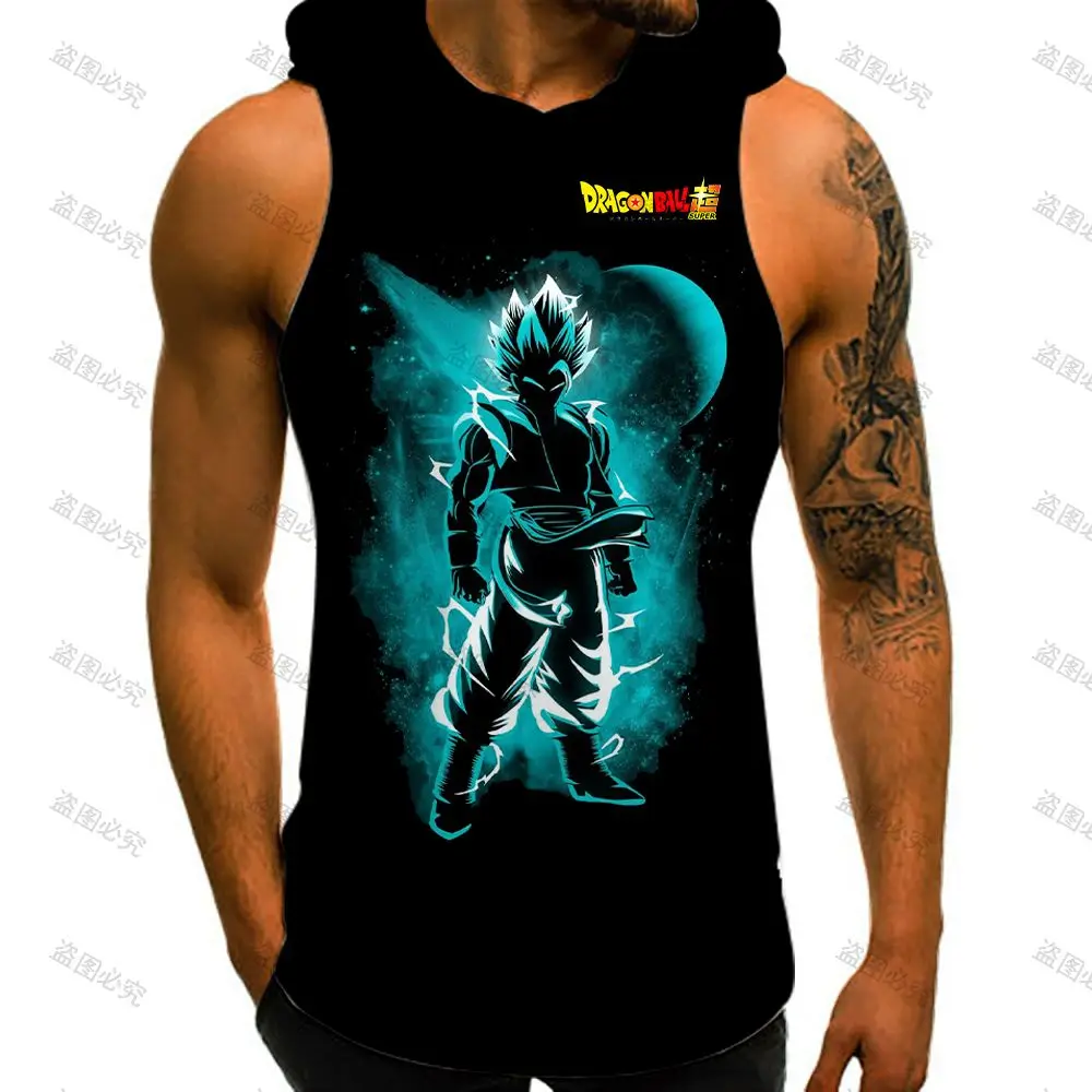 

2023 Hooded T-shirt Men's Clothes Dragon Ball Mens Muscle Vest with Hood Super Saiyan Sleeveless Shirt Man Gym Goku Vegeta New