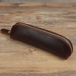 Vintage Leather Zipper Pouch - Stationery and Glasses Case (Coffee)