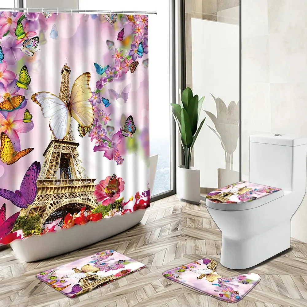 

Waterproof Ｂathroom Ｓhower curtain set Romantic Paris Tower Butterfly landscape printed carpet foot mat toilet mat