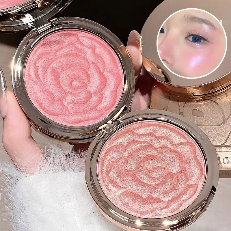 Rouge-Puder mit Rosenprägung, schimmerndes Finish, verschiedene Rosatöne erhältlich, florales Texturdesign, ideal für das tägliche Make-up_voghion.com