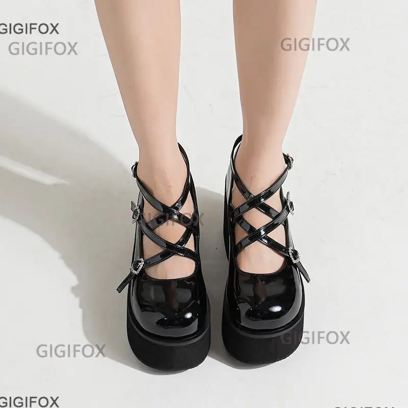 GIGIFOX Platform Mary Jane Pumps For Women Chunky High Heels Cross Strap Mary Janes Shoes Spring Casual School Pumps Round Toe