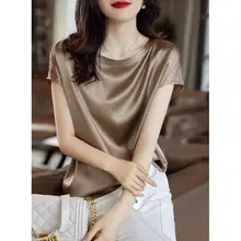 

Vintage Satin Short Sleeve Basic Tee Shirt Woman Clothes 2022 Summer New Fashion Casual Tops Loose Oversized T-shirt Female 4XL