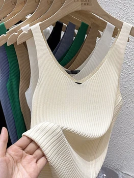 Zjaiss 2026 Summer Fashion Women Camisole Ice Silk Knit Tank Top Slim Fit Sleeveless Base Top Solid Color V-Neck Crop Top 1