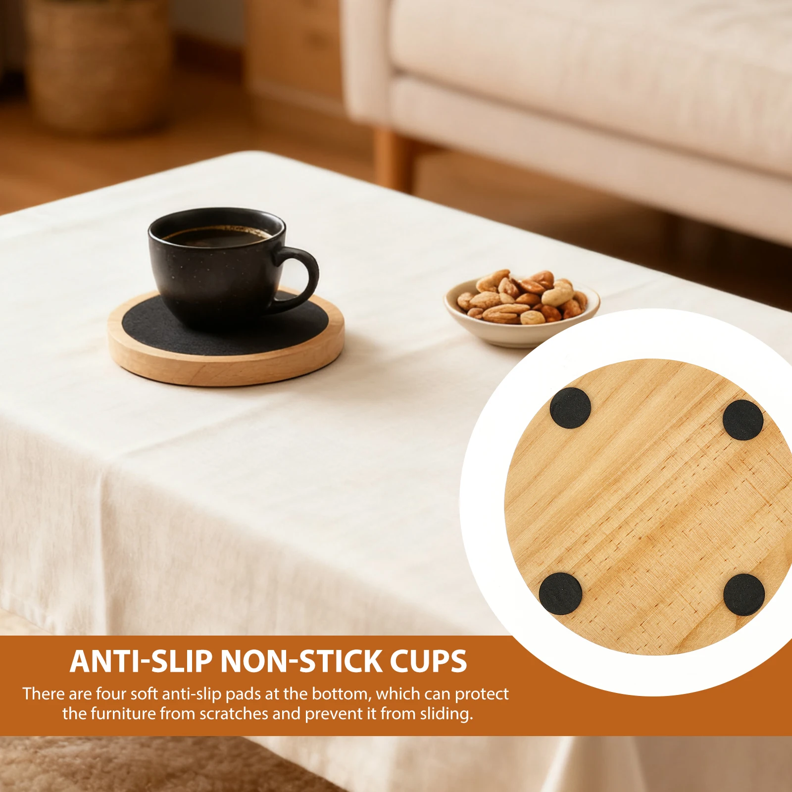 5Pcs Wood Coasters Home Dining Table Decor Wood Cup Pad Round Wood Cup Mat Felt Absorbent Coaster Set for Coffee Hot Drinks