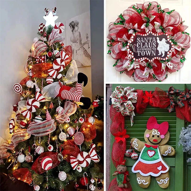 10Yards Christmas Gauze Ribbons 2024 Xmas Tree Candy Cane Decoration DIY Door Wreaths Navidad Noel Gifts Happy New Year 2025