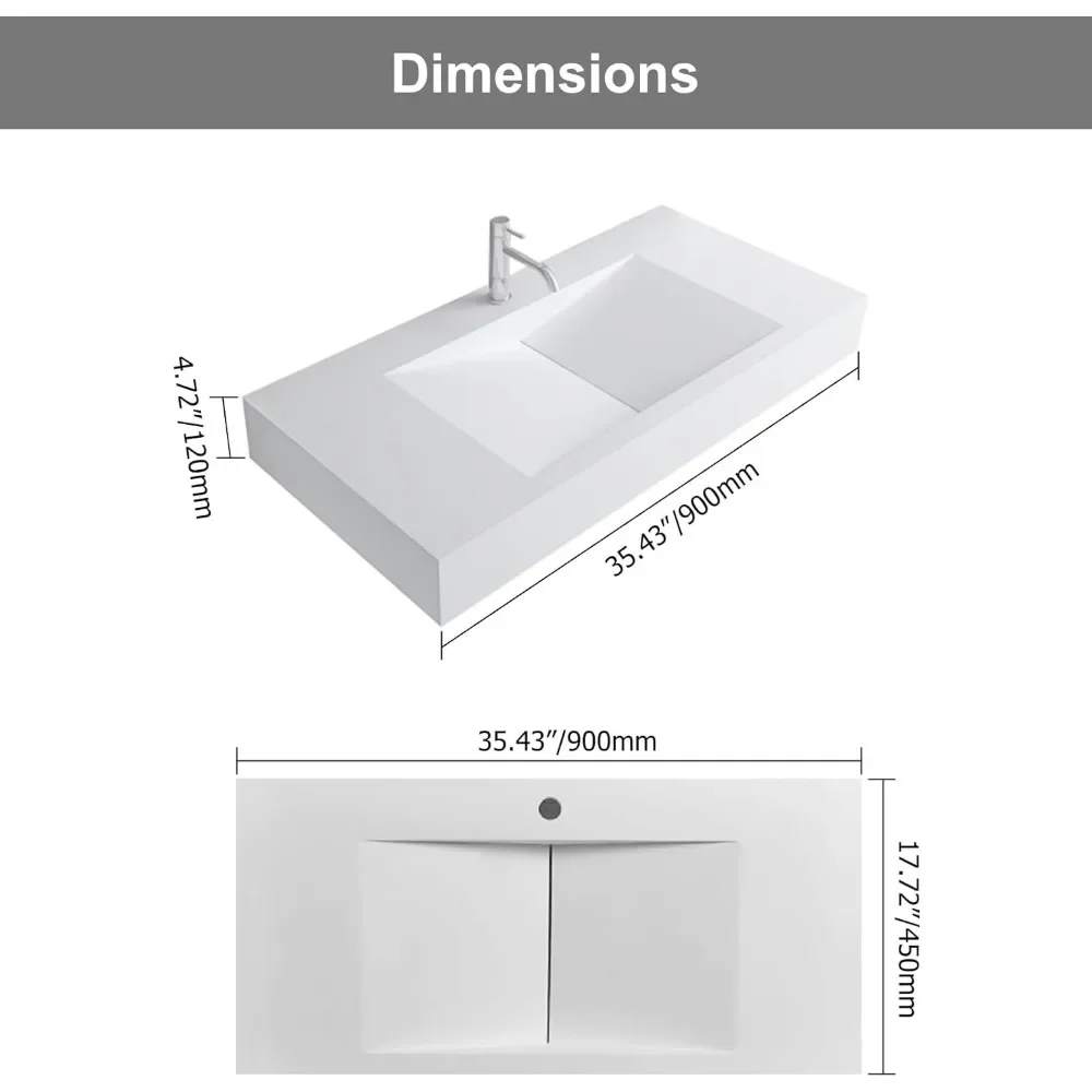 35'' Vessel Sink Wall-Mount Bathroom Sink V-Shaped Floating Sink Stone Resin in Matte White 3