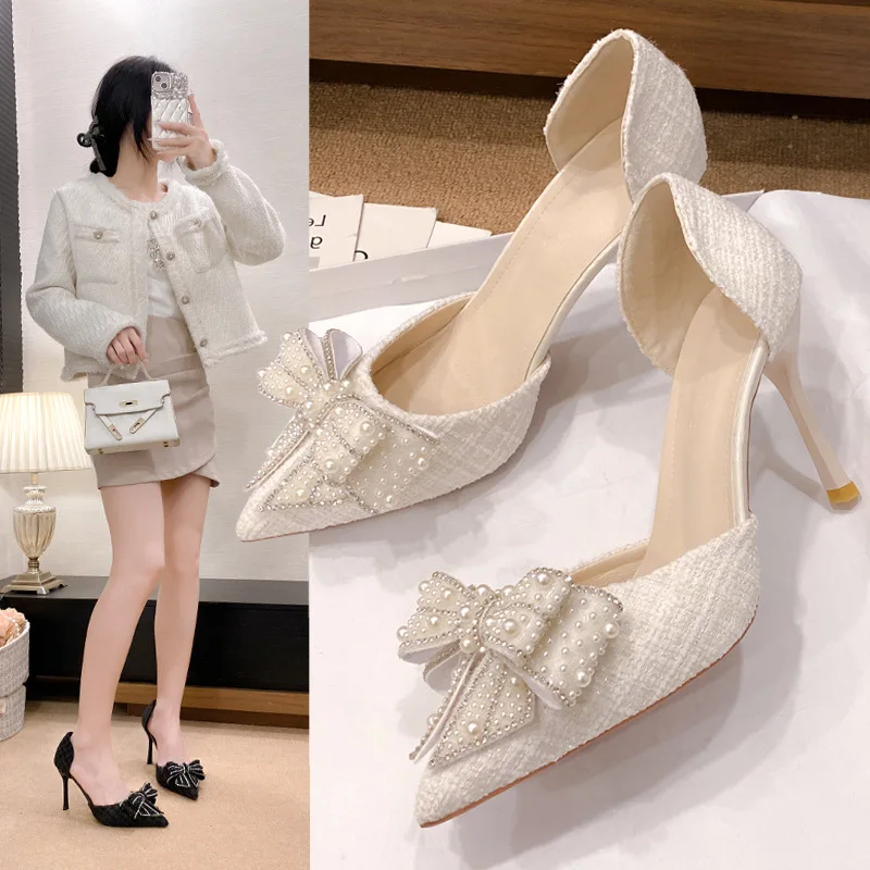 Autumn Brand Designer High Heels Luxury Pearl Crystal Bowtie White Wedding Shoes Women Pumps Thin Heeled Party Shoes 2026