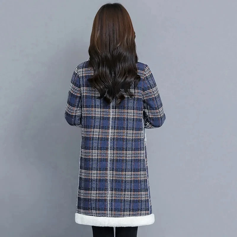 Trend Winter New Women Jacket Faux Lamb Woolen Coat Lattice Thicken Plus Velvet Mid Long Female Cloth Overcoat Warm Cotton Jacke