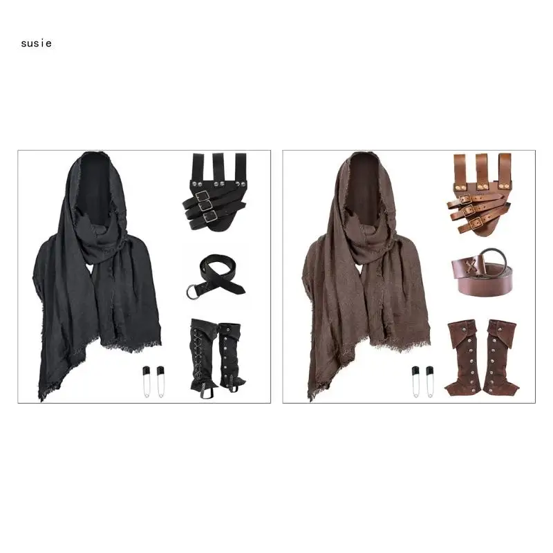 

X7YA Medieval Knight Costume Bracers Leather Belt Leg Guard Cloaks Set
