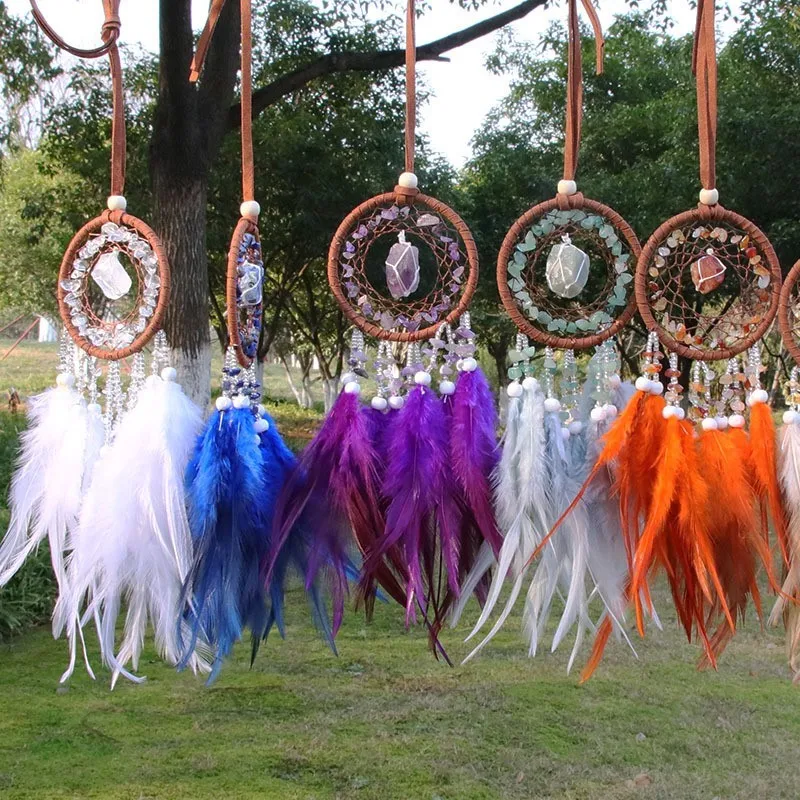 

Natural Agate Dream Catchers 7 Chakra Crystal Gemstone Dream Catcher Tree Life Crystal Feather Dream Catchers Bedroom Hangings