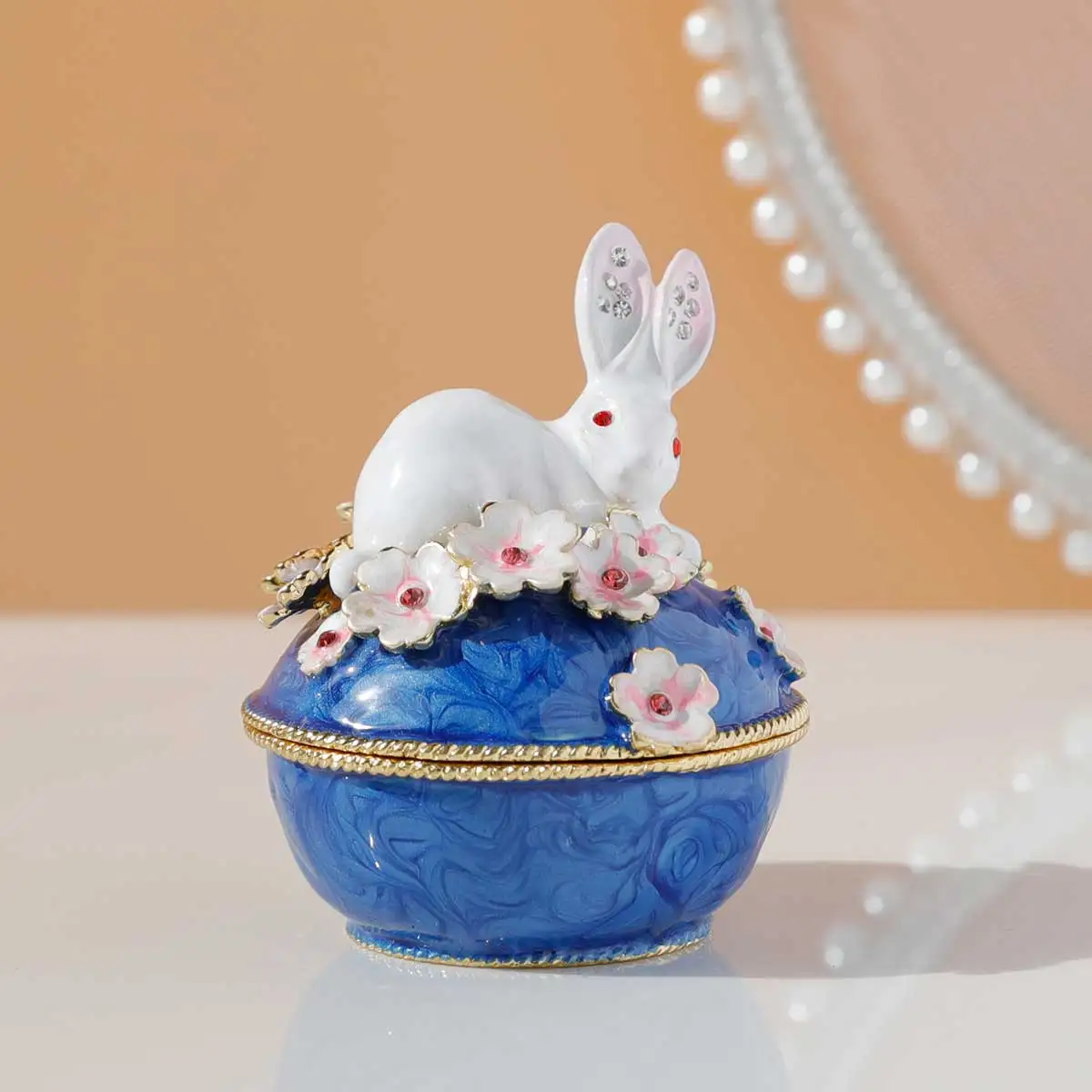Rabbit on Flower Trinket Jewelry Box Decorative Figurine Animal Keepsake Case